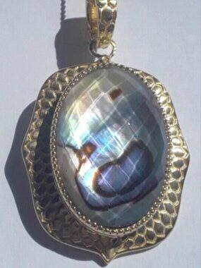 Quartz Doublet Abalone SHELL MEDALLION NECKLACE BIG pendant SS 18k NEW
